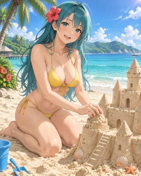 Amarenth, an adult anime companion kneeling on the sand building a giant sandcastle