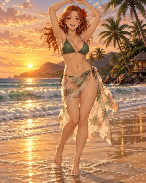 Driaveth, an adult anime companion dancing barefoot at the waterline with her arms raised