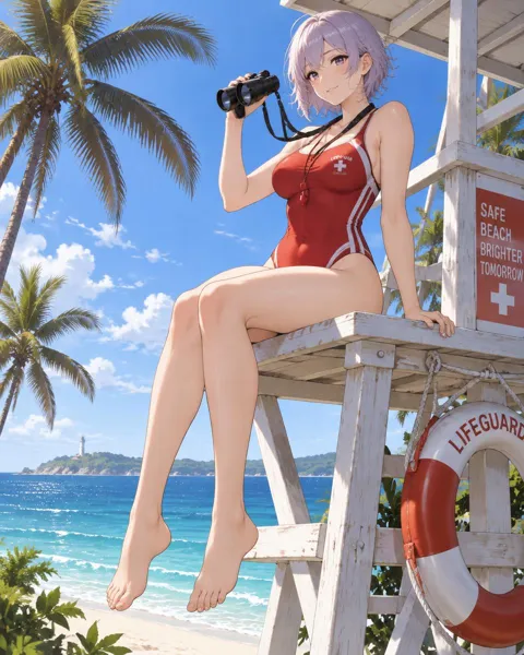Kivessa, an adult anime companion sitting on top of a lifeguard tower with binoculars