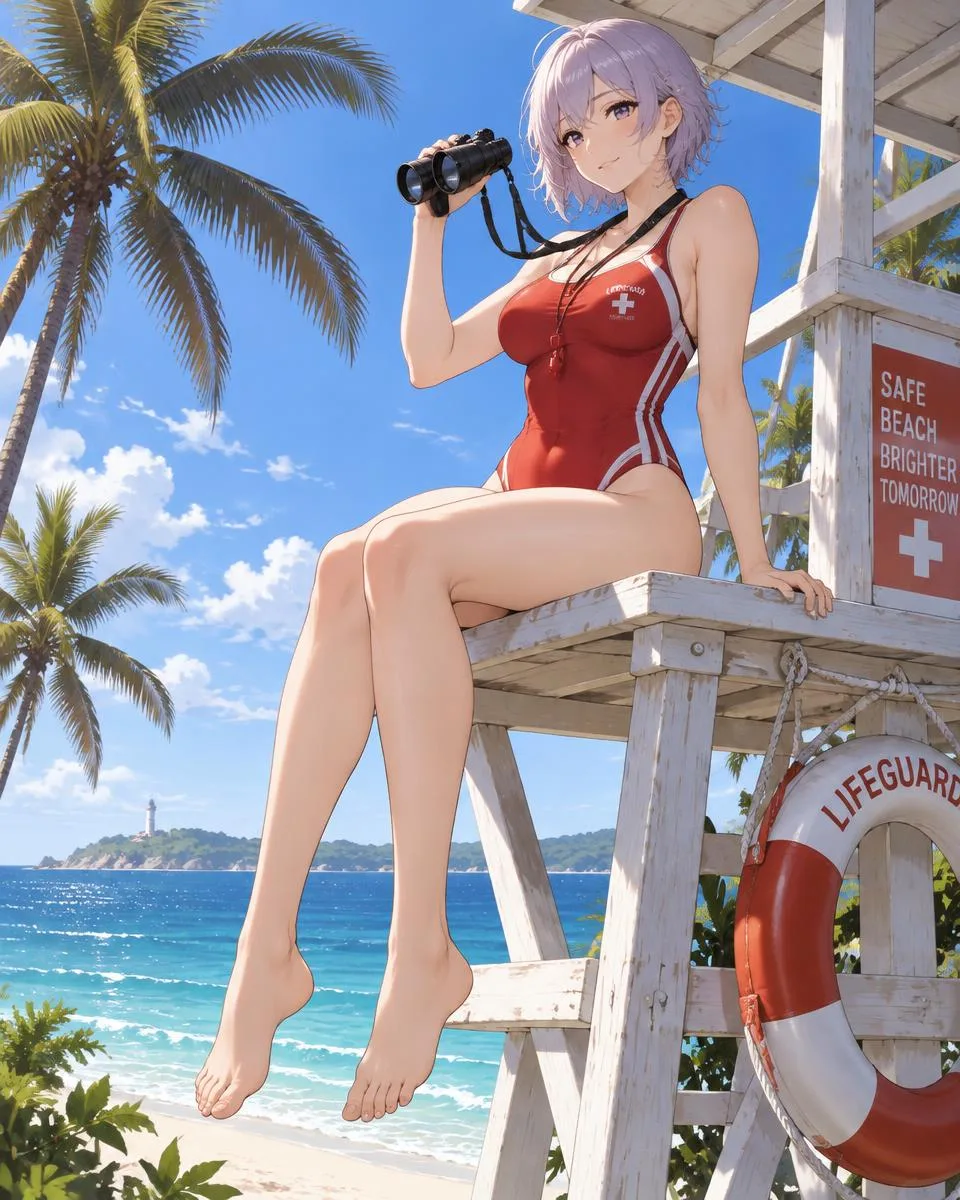 Kivessa, an adult anime companion sitting on top of a lifeguard tower with binoculars