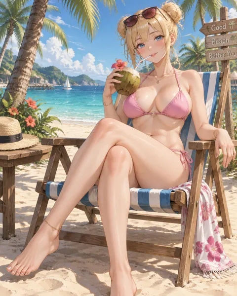 Pellucine, an adult anime companion sitting in a striped beach chair sipping from a coconut