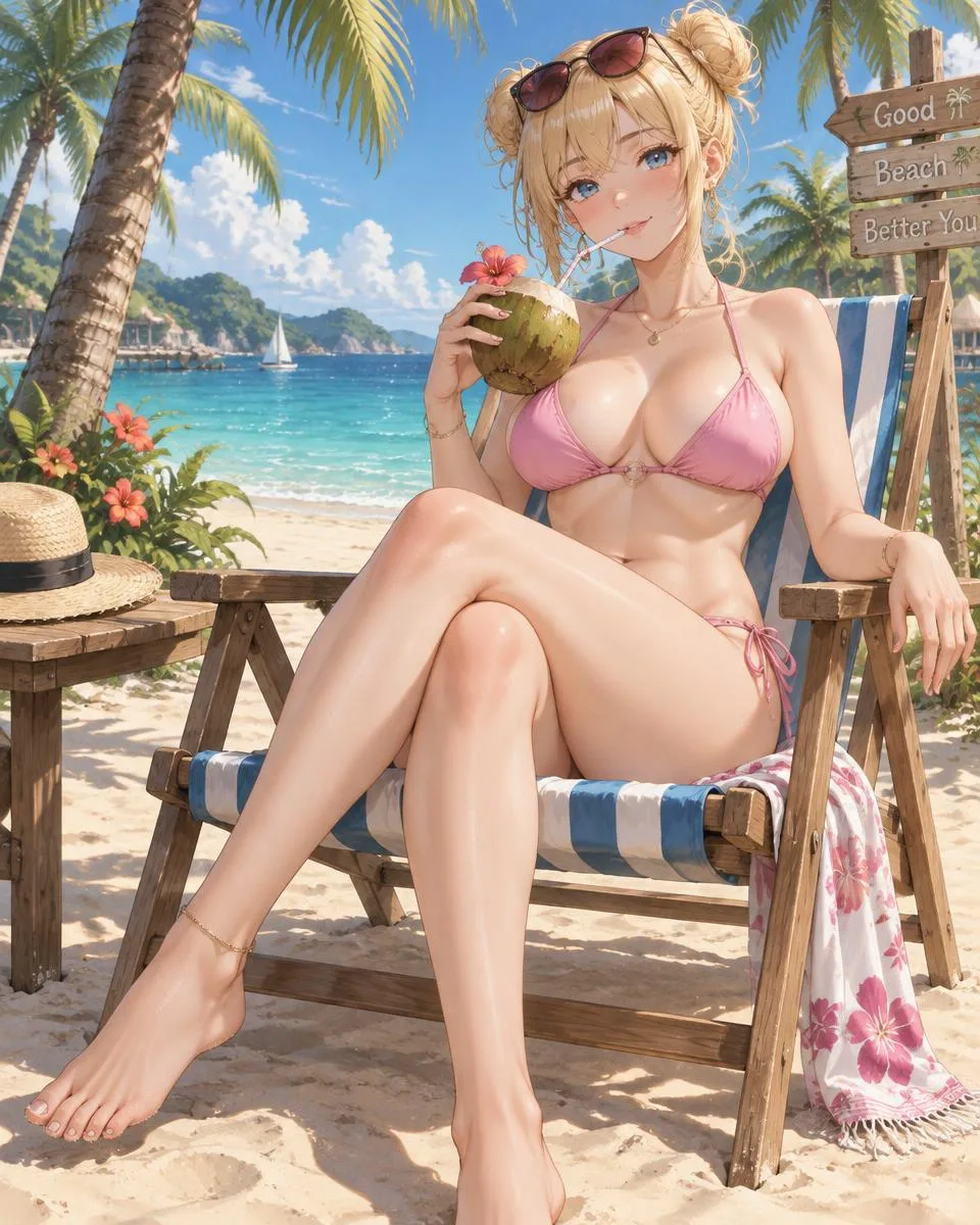 Pellucine, an adult anime companion sitting in a striped beach chair sipping from a coconut